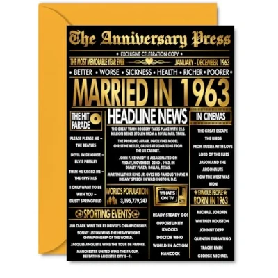 Image of Gold 62nd Anniversary Card for Men Women Golden Newspaper Married in 1963 Happy 62 Year Wedding Wife Companion Husband Partner, A5 Anniversaries Greeting Cards