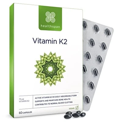 Image of Healthspan Vitamin K2 75µg (60 Capsules) for Bone and Blood Health Contains 75 µg Using a Pure, Active Form Called MK 7 Supports Normal clotting Vegan