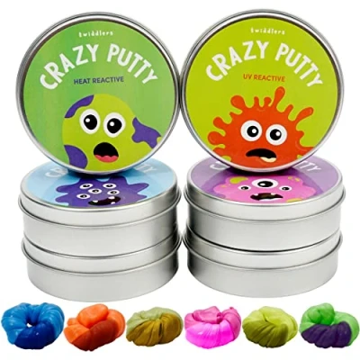 Image of THE TWIDDLERS 6 Smart Colour Changing Putty, Heat Reactive Slime in Lid Pots with 4 Mini UV Torch Premium Kids DIY Slime, Art Activity Toy Gift Set for Party Favours Bag Fillers