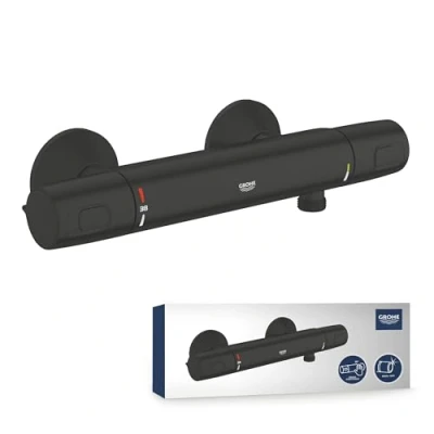 Image of GROHE Precision Trend Exposed Thermostatic Anti Scald Shower Mixer (Wall Mounted, Safety Functions, Water Saving, Cool Touch, Ergonomically Shaped Metal Handles), Matt Black. 1022172432