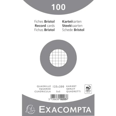 Image of Exacompta Ref 10203E Bristol Squared Record Cards (Pack of 100) 125 x 200mm in Size, 205gsm Card, Compatible with Printers Suitable for Exam Revision &amp; Notes White