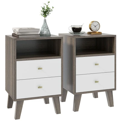 Image of HOMCOM Bedside Tables Set of 2, Modern Nightstand with 2 Drawers and Open Cubby, Sofa Side End Table for Bedroom, 40 x 34 64cm, Grey