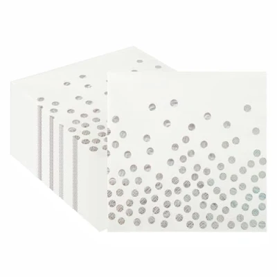 Image of 50PCS White and Silver Polka Dot Party Napkins, CEILIWEN 33x33CM Napkin Serviettes, Iridescent Tissues Cocktail Napkins Dinner Serviettes