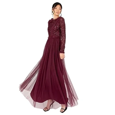 Image of Maya Deluxe Women&#039;s Maxi Dress Ladies Crew Neck Long Sleeve Sequin Embellished Tulle Ruffle for Wedding Guest Bridesmaid Ball Gown, Red Berry, 12