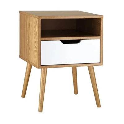 Image of 1 drawer Bedside Table with Storage Shelf, Cabinet Wood effect finish white Nightstand Side