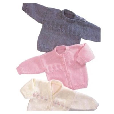Image of Peter Gregory Baby DK Double Knitting Pattern Long Sleeved Sweater &amp; Button Up Cardigans (7173)