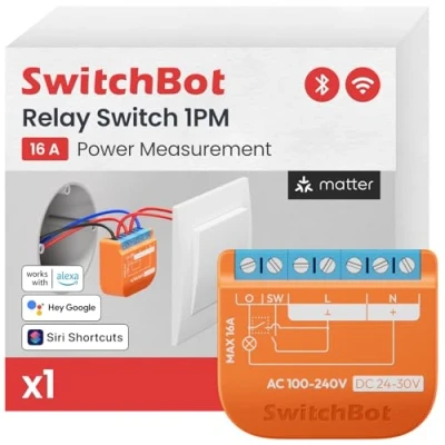 Image of SwitchBot Smart Relay Switch 1PM, Power Metering Module with Built in Hub, Wi Fi&amp;Bluetooth Works Alexa/Apple Homekit/Google Home/Matter Hub Required, 2.4GHz, Home Automation