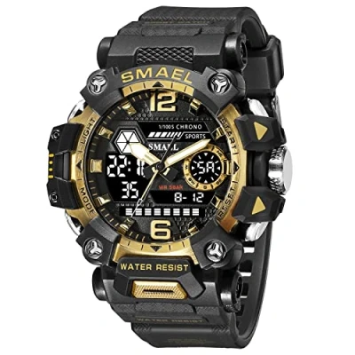 Image of AIMES Mens Watches Sports Outdoor Waterproof Military Watch for Men Tactical Analog Digital Date Alarm Stopwatch Multi Function Tactics Big Face Wristwatch Men, 8072 Black gold, Luxury