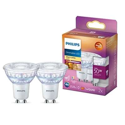 Image of Philips LED Classic Dimmable Light Spot 2 Pack [GU10] 3.8W 50W Equivalent, 220 240V, Warm Glow, 2200 2700K .