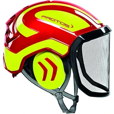 Image of Protos Integral Arborist Safety Helmet, Ear Protection, Features: fine Visor, Colour: red/Yellow