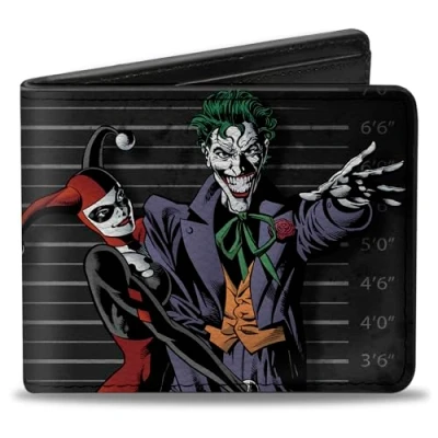 Image of Buckle Down mens Harley Quinn Hugging Joker Pose/Lineup Grays Bi Fold Wallet, Multicolor, Default Size UK