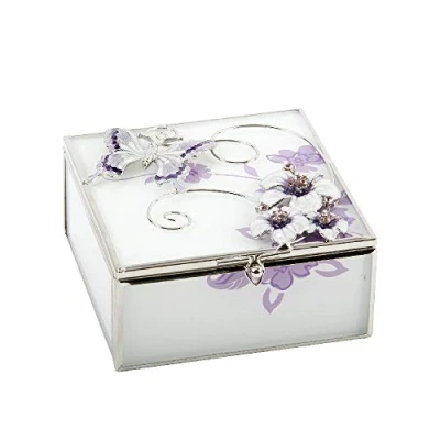 Image of Personalised Purple And White Floral Butterfly Design Jewellery Trinket Box Engraved With A Message Of Your Choosing