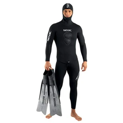 Image of SEAC Men&#039;s Royal 5 mm neoprene wetsuit for freediving long john and hooded jacket, Black, 3XL UK