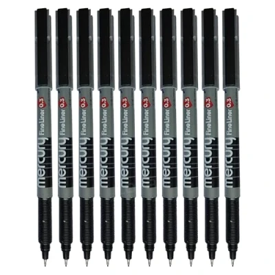 Image of MERCURY FL03 Fineliner Pens, BLACK, Extra Fine Point (0.3mm), Pack of 10, Textured Grip, Precision Lines, Ideal for Write Draw Sketch Colour Draft Mark