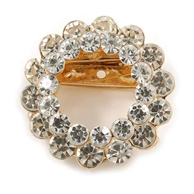 Image of Avalaya Clear Crystal Round Scarf Brooch in Gold Tone Metal 40mm D