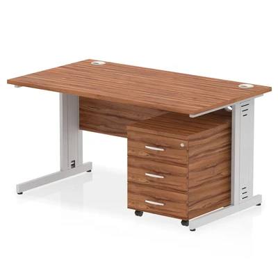 Image of Impulse 1400x800 Desk Walnut Top Silver Cable Managed Leg + Mobile Ped