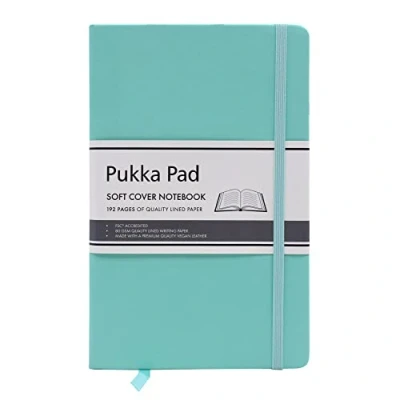 Image of Pukka Pad, Soft Cover Notebook 192 Pages of 80GSM Acid Free Quality Lined Paper Vegan Leather with Inner Pocket for Loose Pages, Ribbon Bookmark, and Elasticated Closure 130 x 210mm, Mint