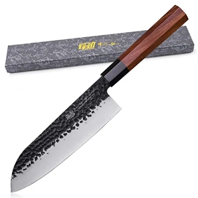 Image of FINDKING Dynasty Series Japanese Santoku Knife, Professional Kitchen 9Cr18MoV High Carbon Steel Blade, African Rosewood Octagonal Handle, for Meat, Fruits, Vegetables, 7 Inches/18 cm