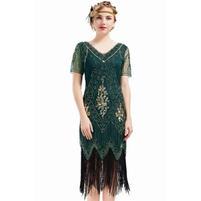 Image of BABEYOND 1920s Flapper Fringed Sequin Dress Roaring 20s Fancy Gatsby Costume V Neck Vintage Beaded Evening (DarkGreen, L)