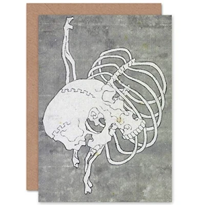 Image of Artery8 Hokusai Skull Rib Cage Macabre Japanese Painting Fine Art Greeting Card Plus Envelope Blank Inside