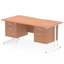 Image of Impulse 1600 x 800mm Scalloped Edge Straight Office Desk Beech Top White Cantilever Leg Workstation 2 Drawer Fixed Pedestal