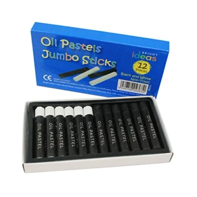 Image of Bright Ideas Jumbo Oil Pastels 12 Pack of Black and White Colours Crayons Perfect for Kids, Artists, Students Paper, Card, Canvas. BI8352.