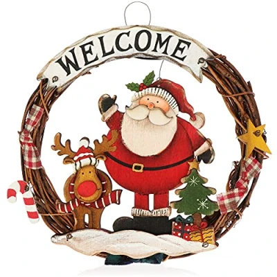 Image of com four® Christmas wreath braided Door WELCOME for decoration to hang Wooden approx. Ø 25 cm (Santa Claus M)