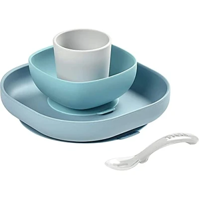 Image of Béaba Silicone Feeding Meal Set of 4 Pieces : Plate + Bowl Cup Spoon with Strong Suction pad Baby and Children Jungle