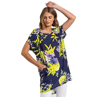 Image of Roman Originals Women Floral Print Pocket Tunic Top Ladies Spring Everyday Summer Holiday Round Neckline Comfy Cocoon Shape Soft Short Sleeve Shirt Relaxed Blouses Yellow Size 12