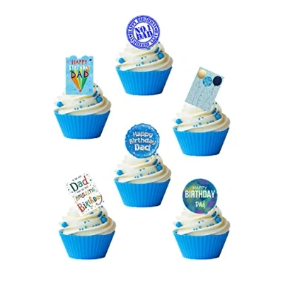 Image of 24 Stand Up Happy Birthday Dad Daddy Father Themed Edible Wafer paper Cake Toppers Decorations