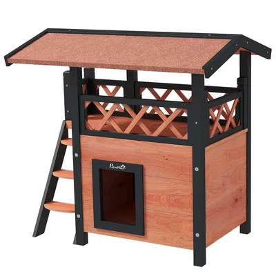 Image of PawHut Outdoor Cat House with Balcony Stairs Roof Brown
