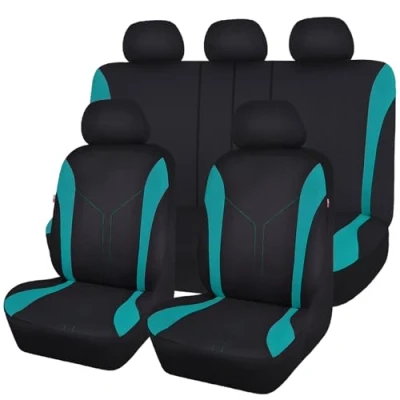 Image of Flying Banner Universal Fit Car Seat Cover Sets Mesh Fabric Splicing Polyester (Full Set, Black and Mint blue)