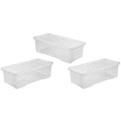 Image of M1SS Set of 3 Clear Crystal Plastic Storage Boxes With Lid Home Office Stackable Nestable Container Made in U.K (62 Litre)