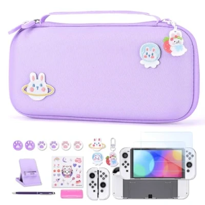 Image of Switch OLED Case innoAura 18 in 1 Bundle with Case, Game Screen Protector, Stand, Thumb Grips (Purple)