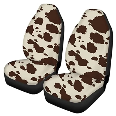 Image of Biyejit Brown Cow Print Front Car Seat Cover Vehicle Bucket Seats for Accessories SUV Van Sedan Soft 2 Piece