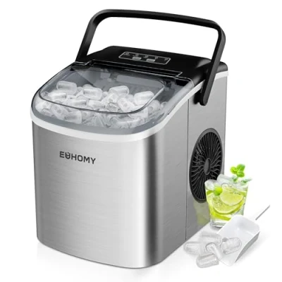 Image of EUHOMY Ice Maker Machine Countertop Cube with Portable Handle, 9 Cubes in 6 Mins, Self Cleaning Compact 12 kg 24 Hrs, Scoop and Basket for Home/Kitchen/Office/Bar