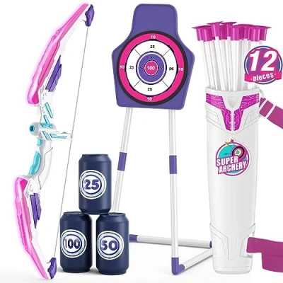 Image of HYES Bow and Arrow for Kids, LED Light Up Archery Set with 12 Suction Cup Arrows, 1 Standing Target, 3 Score Targets &amp; Quiver, Indoor Outdoor Sport Gifts Boys Girls Ages 4 12, Purple