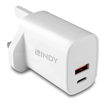 Image of Lindy 20W USB Type A &amp; C Fast Charger Plug, UK Charging Plug for iPhone, iPad, Samsung Galaxy,Dual Port Power Adaptor Wall