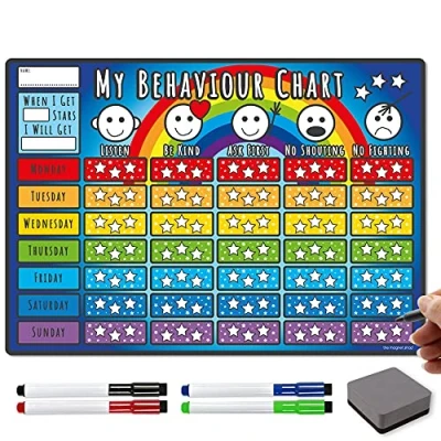 Image of TMS Behaviour Chart for Children A3 Magnetic Star Inspiring Good in Toddlers and Kids, Boys Girls With 4 Coloured Dry Wipe Pens! (Rainbow, Chart)