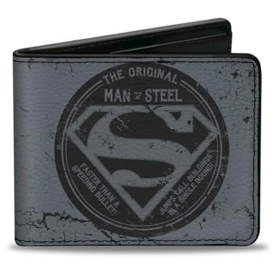 Image of Buckle Down Men&#039;s Dc Comics Wallet, Bifold, Superman the Original Man of Steel Badge Quote Grays Red, Vegan Leather, 4.0&quot; x 3.5&quot;, Superman,