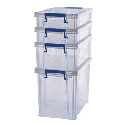 Image of BANKERS BOX Plastic Storage Boxes with Lids, Pack of 4, 2x 5.5 Litre + 1x 18.5 10 Litre. ProStore Strong Stackable Boxes, Made in the UK, Clear