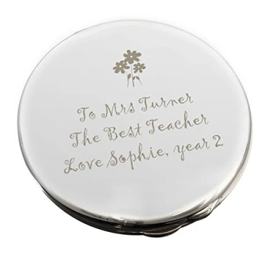 Image of Custom Personalised Laser Engraved Round Compact Mirror Flower Motif. Teacher Thank You, Birthdays, For Mum, Her.