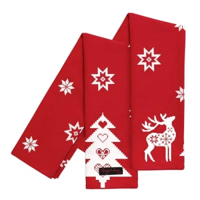 Image of Ragged Rose Christmas Nordic Tea Towels, Cotton, Red, 50 x 70 cms