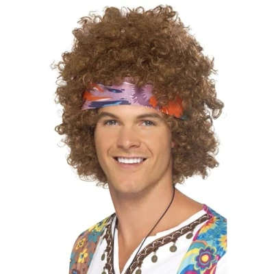 Image of Smiffys Hippie Afro Kit, Brown with Wig, Headscarf &amp; Peace Sign Necklace, 1960&#039;s Groovy Fancy Dress, Adult Dress Up Wigs