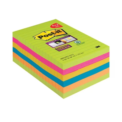 Image of Post it Super Sticky Notes, Assorted Colours, lined, 101 mm x 152 mm, 90 Sheets/Pad, 4 + 2 FREE Pads/Pack