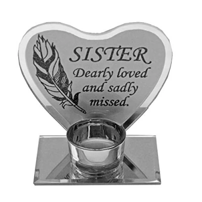 Image of Widdle Gifts Ltd Feather Design Memorial Glass Heart Tea Light Plaque Sister