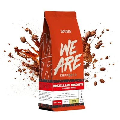 Image of Coffee Beans 227g Bag, Whole Bean Coffee, Brazilian Biscotti Flavoured Beans, Arabica, Medium Roast Fresh Single Origin (We Are Co)