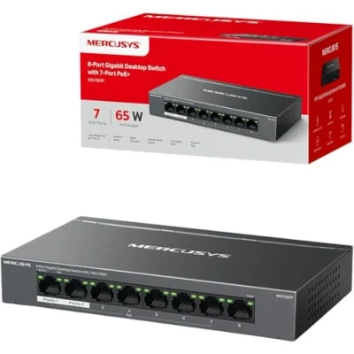 Image of MERCUSYS 8 Port Gigabit Desktop Switch with 7 PoE+, PoE Power Budget 65W, compatible 802.3af/at PDs, management, metal case, Plug &amp; Play, No Configuration Required (MS108GP)