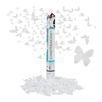 Image of Relaxdays 10027074 Party Popper with Butterflies, 6 8m Effect Height, Wedding &amp; Engagement, Paper Confetti, 40 cm, White