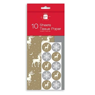 Image of 10 Sheets of Christmas Tissue Paper Stag Design Present Gift Wrapping/Wrapping